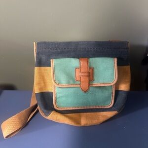Fossil Shay Flap Blue Brown Stripe Pocket Canvas Crossbody Purse Nautical Beach